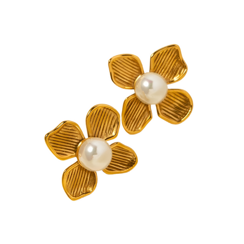 Rosa Flower Stud Earrings in Gold with Faux Pearl Centre Rosa Flower Stud Earrings in Gold with Faux Pearl Centre