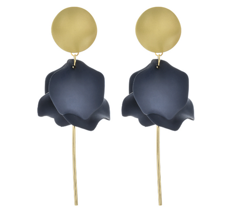 Olivia Matte Gold and Navy Flower Petal Dangle Earrings with Gold Post Dangle Olivia Matte Gold and Navy Flower Petal Dangle Earrings with Gold Post Dangle