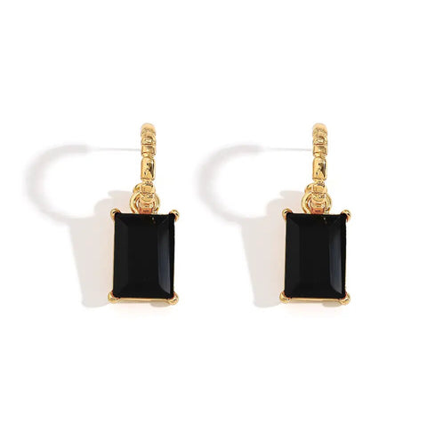 Sara Gold Hoop Earrings with Rectangular Black Crystal Dangle Sara Gold Hoop Earrings with Rectangular Black Crystal Dangle