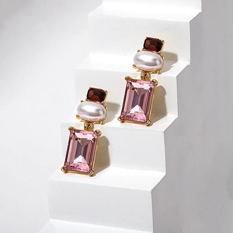 Matilda Geometric Crystal and Faux Pearl Earrings in Pink and Maroon Matilda Geometric Crystal and Faux Pearl Earrings in Pink and Maroon