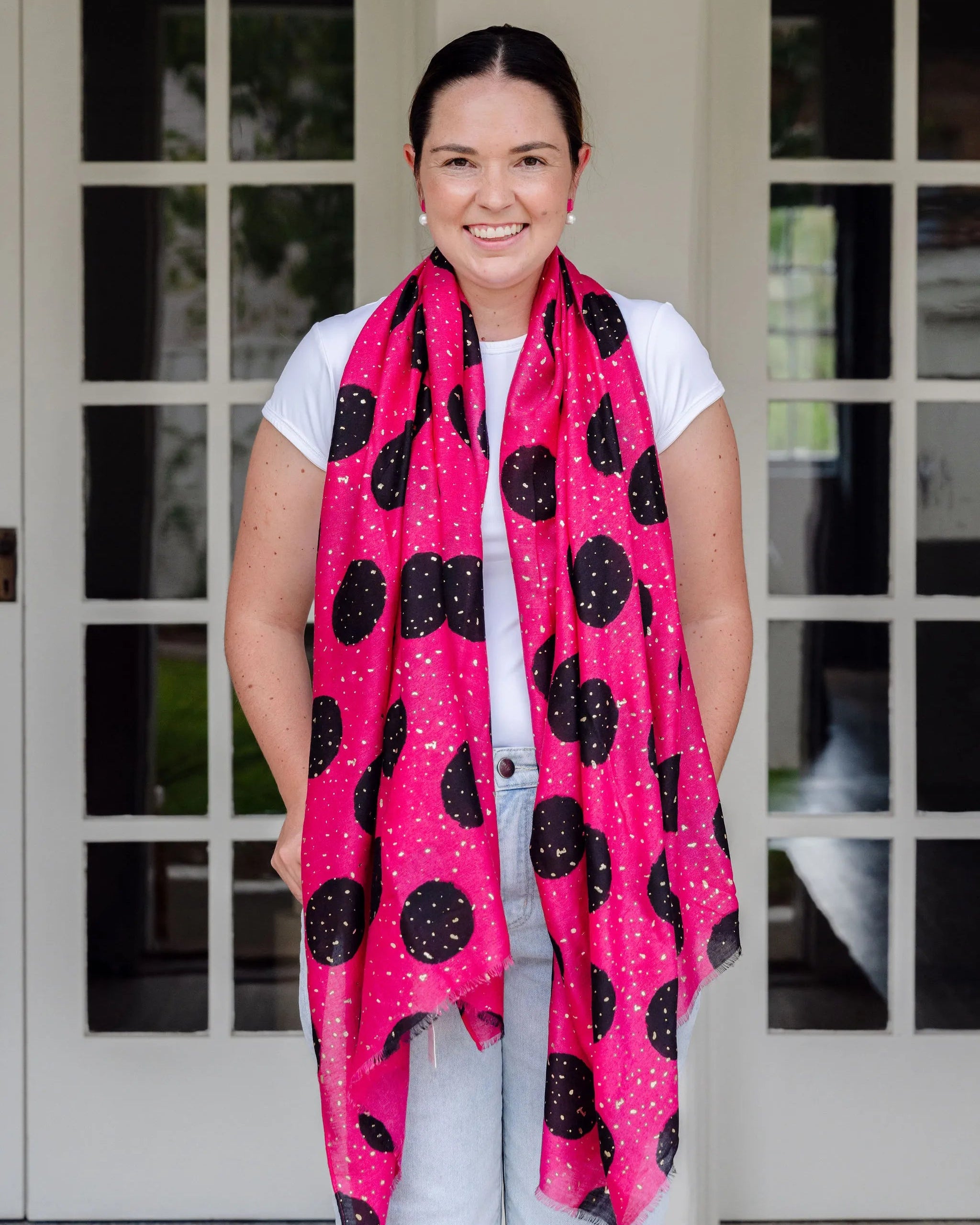 hot pink scarf, autumn scarf, winter scarf, bold scarf, bold spot scarf, gold accents hot pink scarf, autumn scarf, winter scarf, bold scarf, bold spot scarf, gold accents
