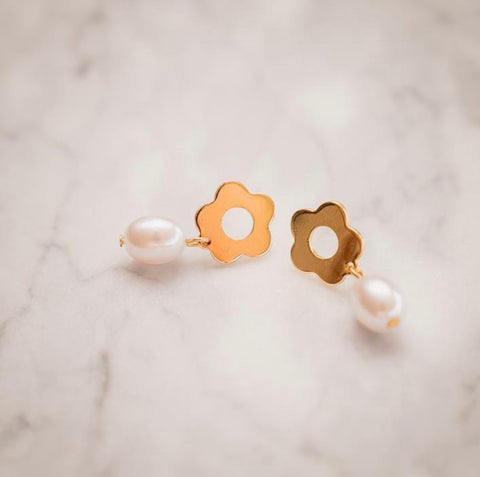 Charlotte Gold Flower Shaped Stud Earring with Faux Pearl Dangle Charlotte Gold Flower Shaped Stud Earring with Faux Pearl Dangle