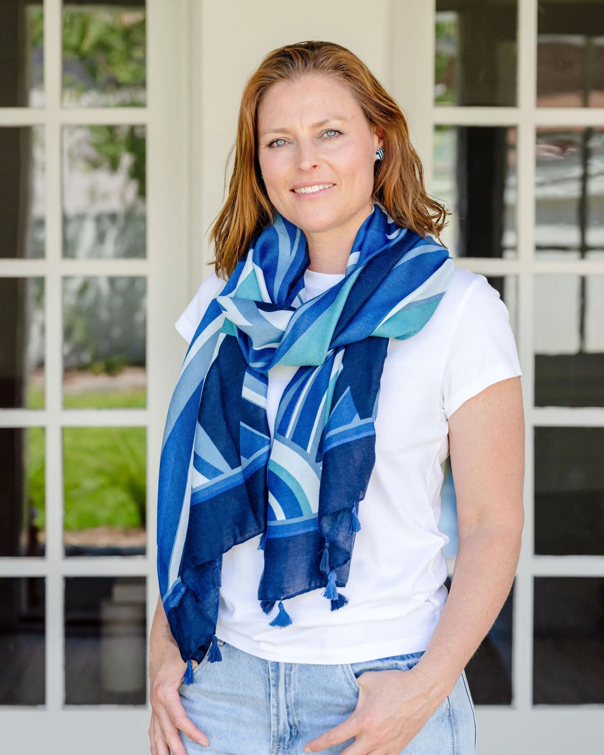 geometric scarf, autumn scarf, winter scarf,  bold scarf, bright scarf, blue tones scarf geometric scarf, autumn scarf, winter scarf,  bold scarf, bright scarf, blue tones scarf