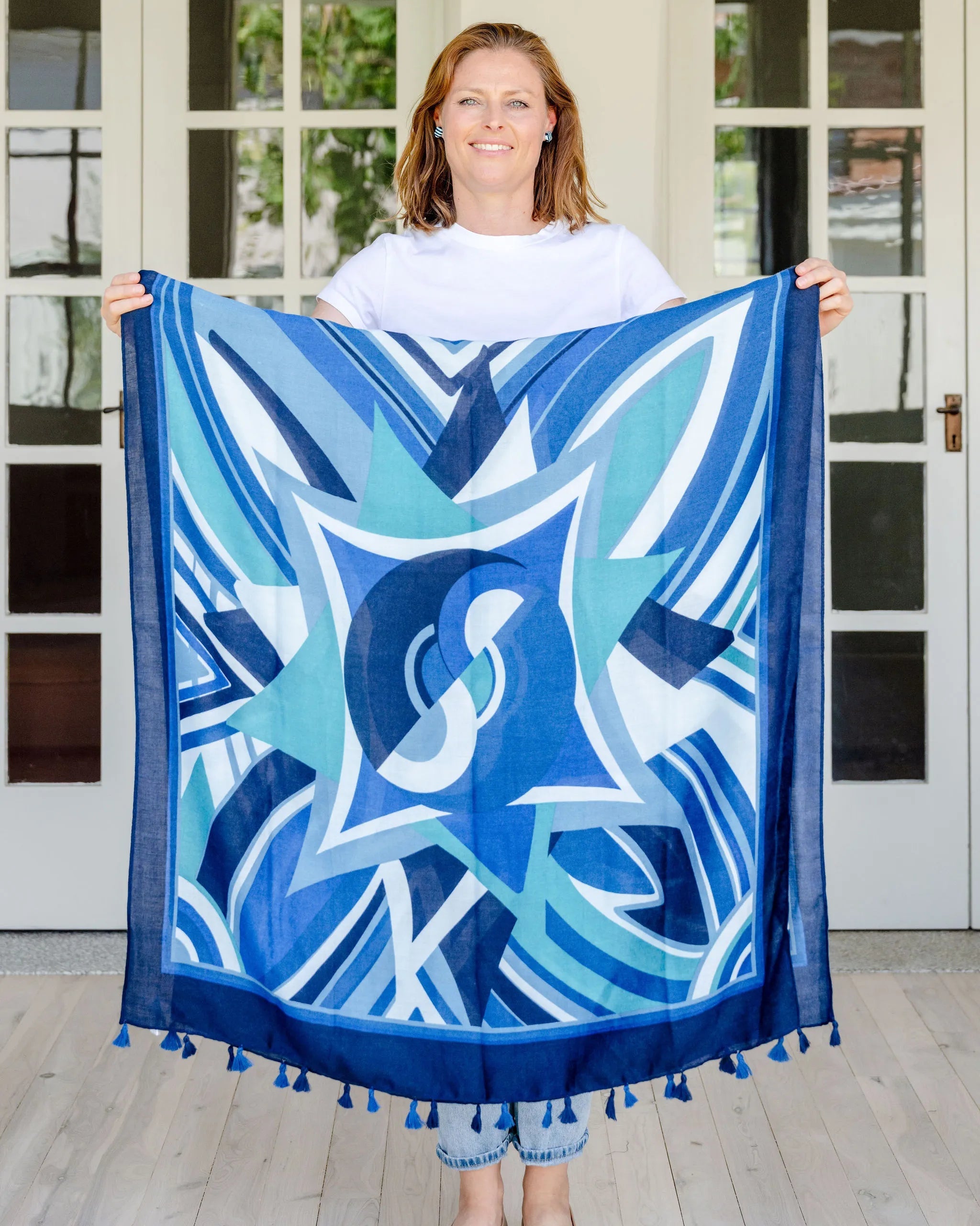 geometric scarf, autumn scarf, winter scarf,  bold scarf, bright scarf, blue tones scarf geometric scarf, autumn scarf, winter scarf,  bold scarf, bright scarf, blue tones scarf