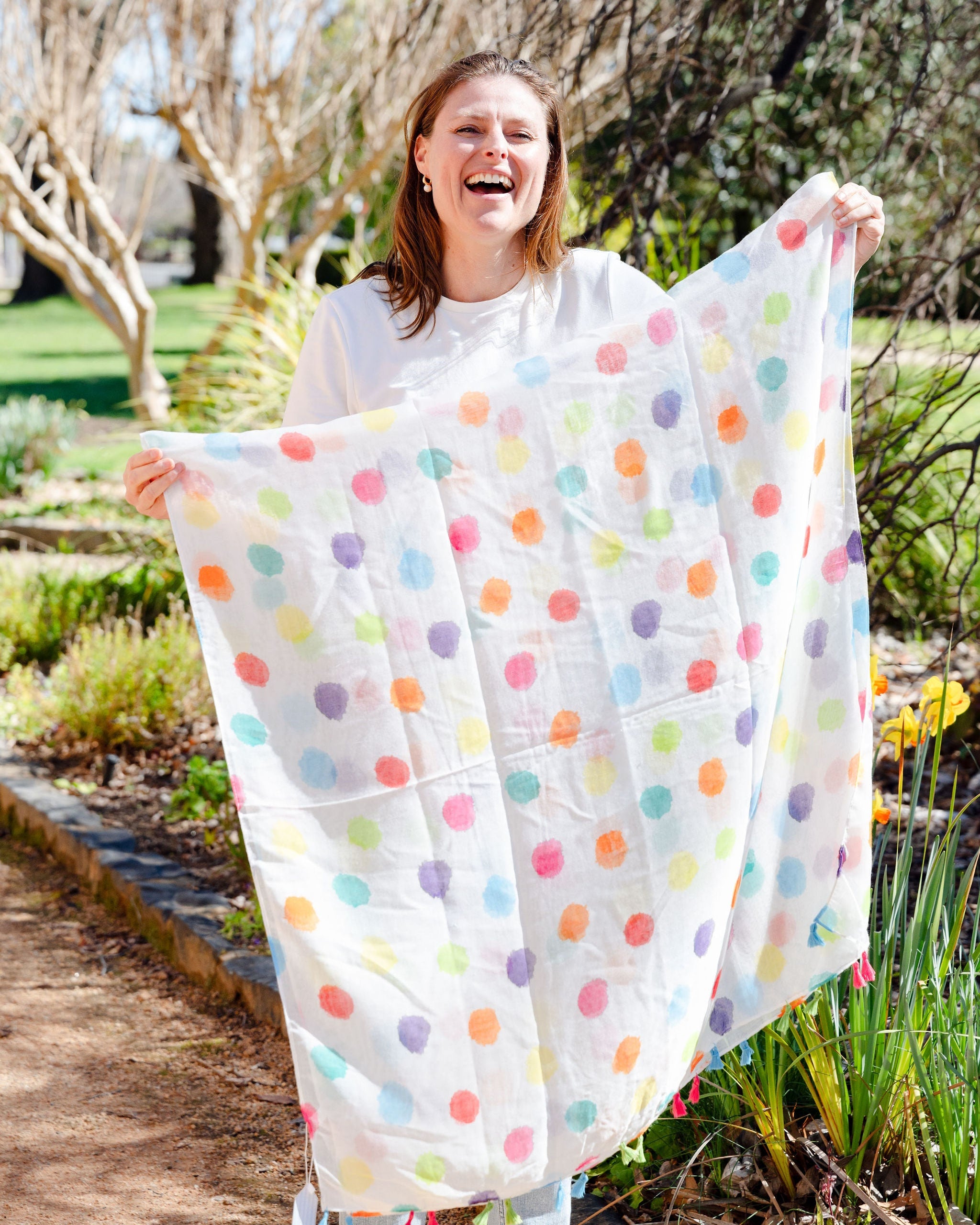 spotted scarf, lightweight scarf, summer scarf, fun scarf, bright scarf, colourful scarf spotted scarf, lightweight scarf, summer scarf, fun scarf, bright scarf, colourful scarf