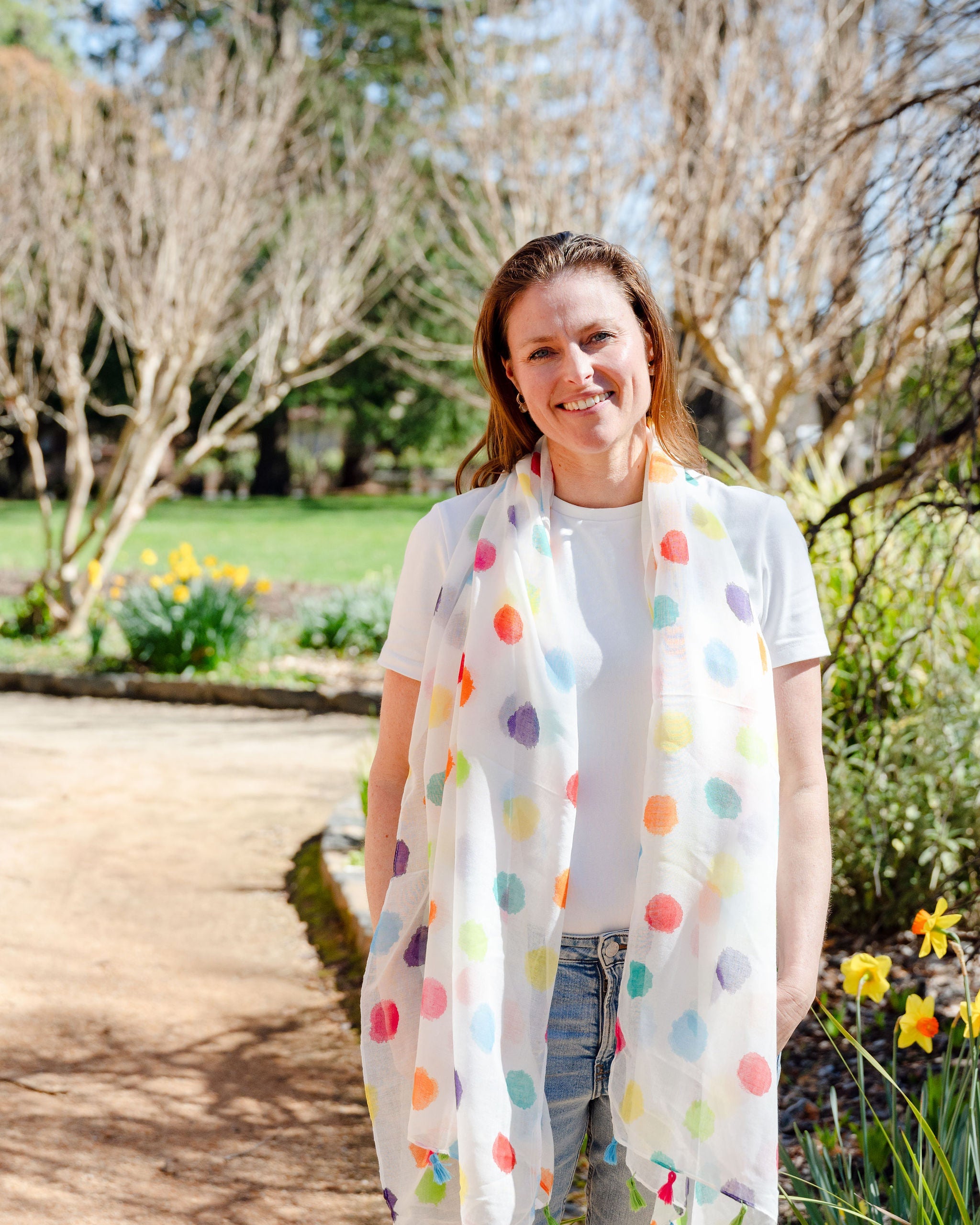 spotted scarf, lightweight scarf, summer scarf, fun scarf, bright scarf, colourful scarf spotted scarf, lightweight scarf, summer scarf, fun scarf, bright scarf, colourful scarf