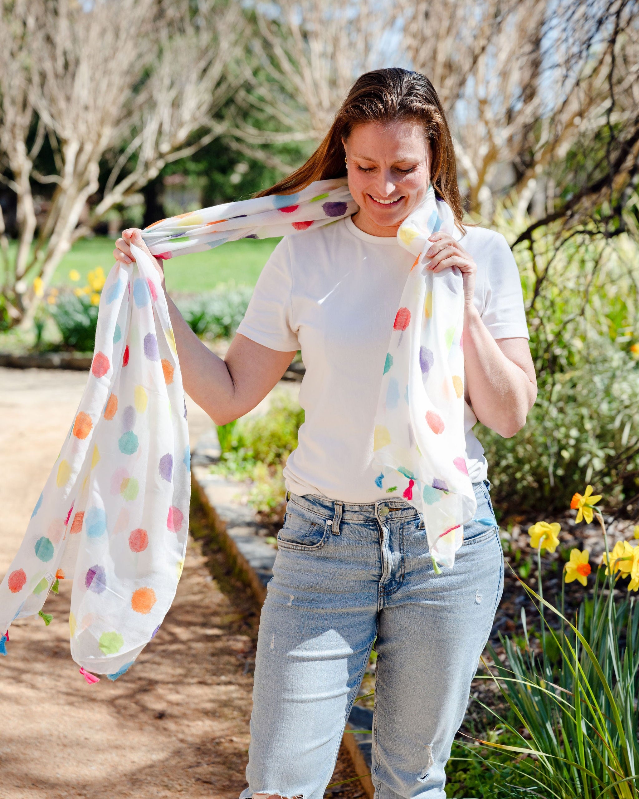 spotted scarf, lightweight scarf, summer scarf, fun scarf, bright scarf, colourful scarf spotted scarf, lightweight scarf, summer scarf, fun scarf, bright scarf, colourful scarf