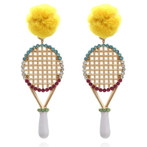 Ash Tennis Racquet Enamel Dangle Earrings with Crystals and a Fluffy Yellow Stud Ash Tennis Racquet Enamel Dangle Earrings with Crystals and a Fluffy Yellow Stud