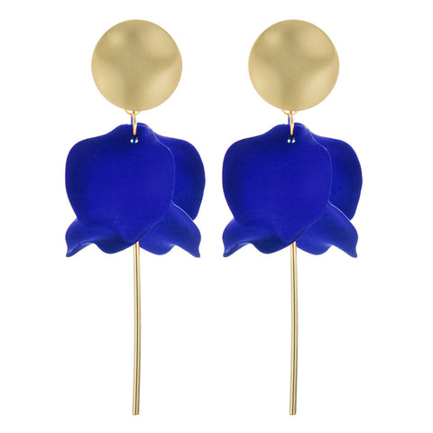 Olivia Matte Gold and Bright Blue Flower Petal Dangle Earrings with Gold Post Dangle Olivia Matte Gold and Bright Blue Flower Petal Dangle Earrings with Gold Post Dangle