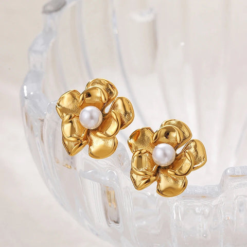 Flora Flower Stud Earrings in Gold with Faux Pearl Centre Flora Flower Stud Earrings in Gold with Faux Pearl Centre