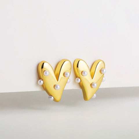 Valentina Heart Shaped Gold Stud Earring with Mini Faux Pearls Valentina Heart Shaped Gold Stud Earring with Mini Faux Pearls