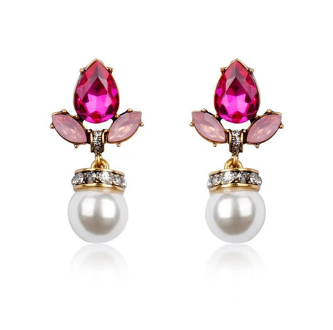 Rosie Pink Crystal Dangle Earrings with Faux Pearl Dangle set in Gold Rosie Pink Crystal Dangle Earrings with Faux Pearl Dangle set in Gold