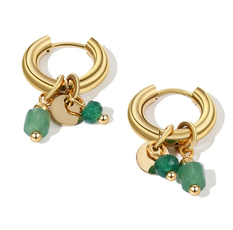 Alex Gold Hoop Earrings with Dangles in Green Stone and Gold Discs Alex Gold Hoop Earrings with Dangles in Green Stone and Gold Discs