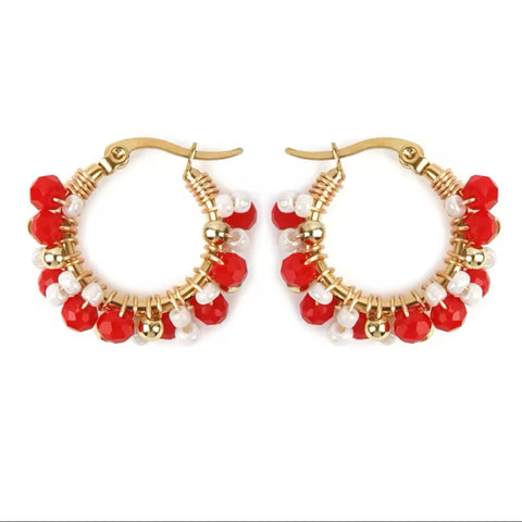 Heidi Red, Gold & White Beaded Gold Hoop Earrings Heidi Red, Gold & White Beaded Gold Hoop Earrings
