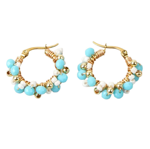 Heidi Baby Blue, Gold & White Beaded Gold Hoop Earrings Heidi Baby Blue, Gold & White Beaded Gold Hoop Earrings