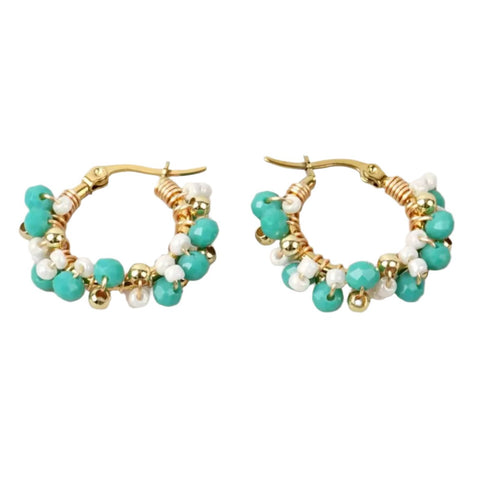 Heidi Turquoise, Gold & White Beaded Gold Hoop Earrings Heidi Turquoise, Gold & White Beaded Gold Hoop Earrings