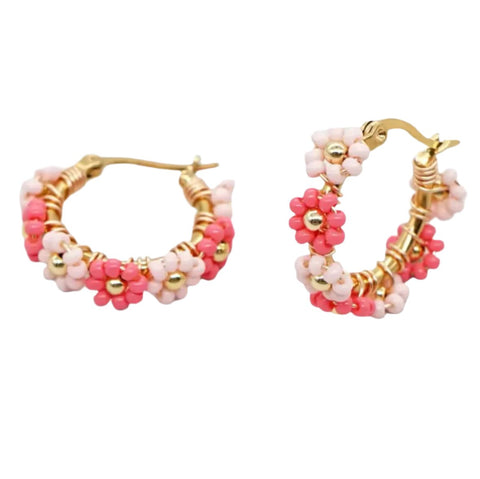 Daisy Pink Coloured Beaded Flower Hoop Earrings Daisy Pink Coloured Beaded Flower Hoop Earrings