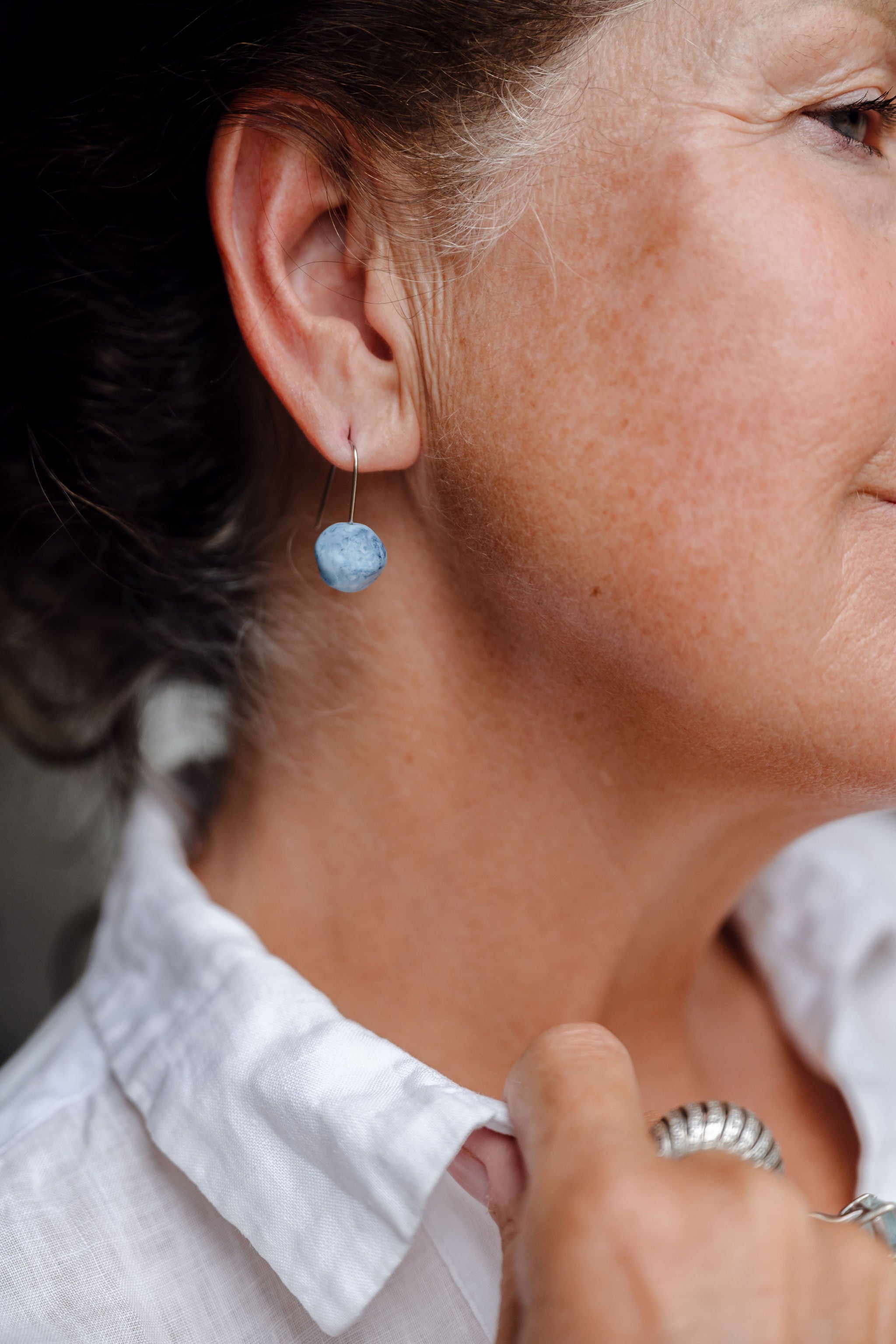 rock earring, simple earring, lightweight earring, everyday earring, blue/navy marble earring rock earring, simple earring, lightweight earring, everyday earring, blue/navy marble earring