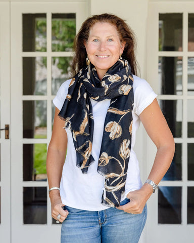 tulip pattern scarf, autumn scarf, winter scarf, floral scarf, black scarf, feminine scarf tulip pattern scarf, autumn scarf, winter scarf, floral scarf, black scarf, feminine scarf