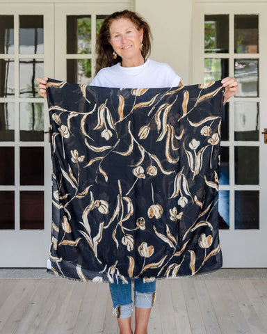 tulip pattern scarf, autumn scarf, winter scarf, floral scarf, black scarf, feminine scarf tulip pattern scarf, autumn scarf, winter scarf, floral scarf, black scarf, feminine scarf