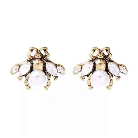 Bea Bee Shaped Stud Earring in Gold with Faux Pearls and Crystals Bea Bee Shaped Stud Earring in Gold with Faux Pearls and Crystals