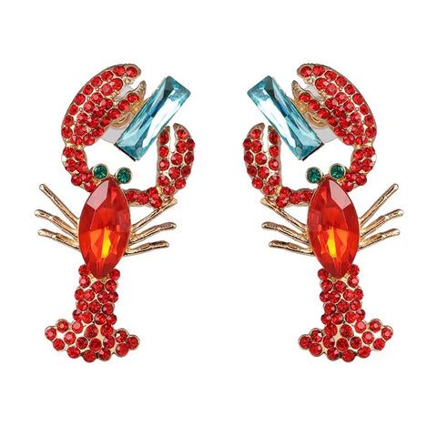 Lobster Bright Red & Teal Crystal Lobster Shaped Earrings Lobster Bright Red & Teal Crystal Lobster Shaped Earrings