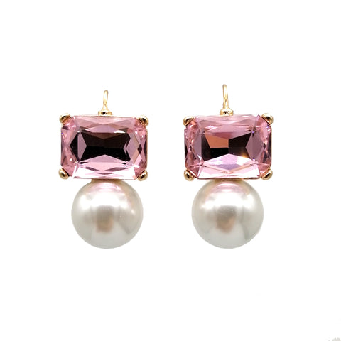 Maggie Light Pink Rectangular Crystal with Faux Pearl Earrings Maggie Light Pink Rectangular Crystal with Faux Pearl Earrings
