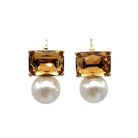 Maggie Gold Rectangular Crystal with Faux Pearl Earrings Maggie Gold Rectangular Crystal with Faux Pearl Earrings