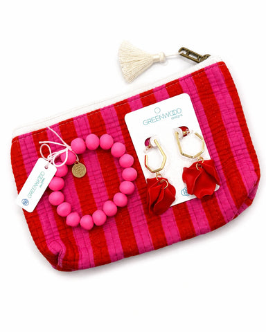 Pink and red striped travel pouch gift set with earrings and bracelet – birthday or thank you gift by Greenwood Designs