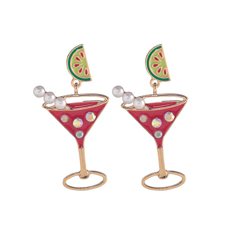 Watermelon Marg Red Enamel Cocktail Shaped Dangle Earrings