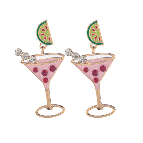 Watermelon Marg Pink Enamel Cocktail Shaped Dangle Earrings