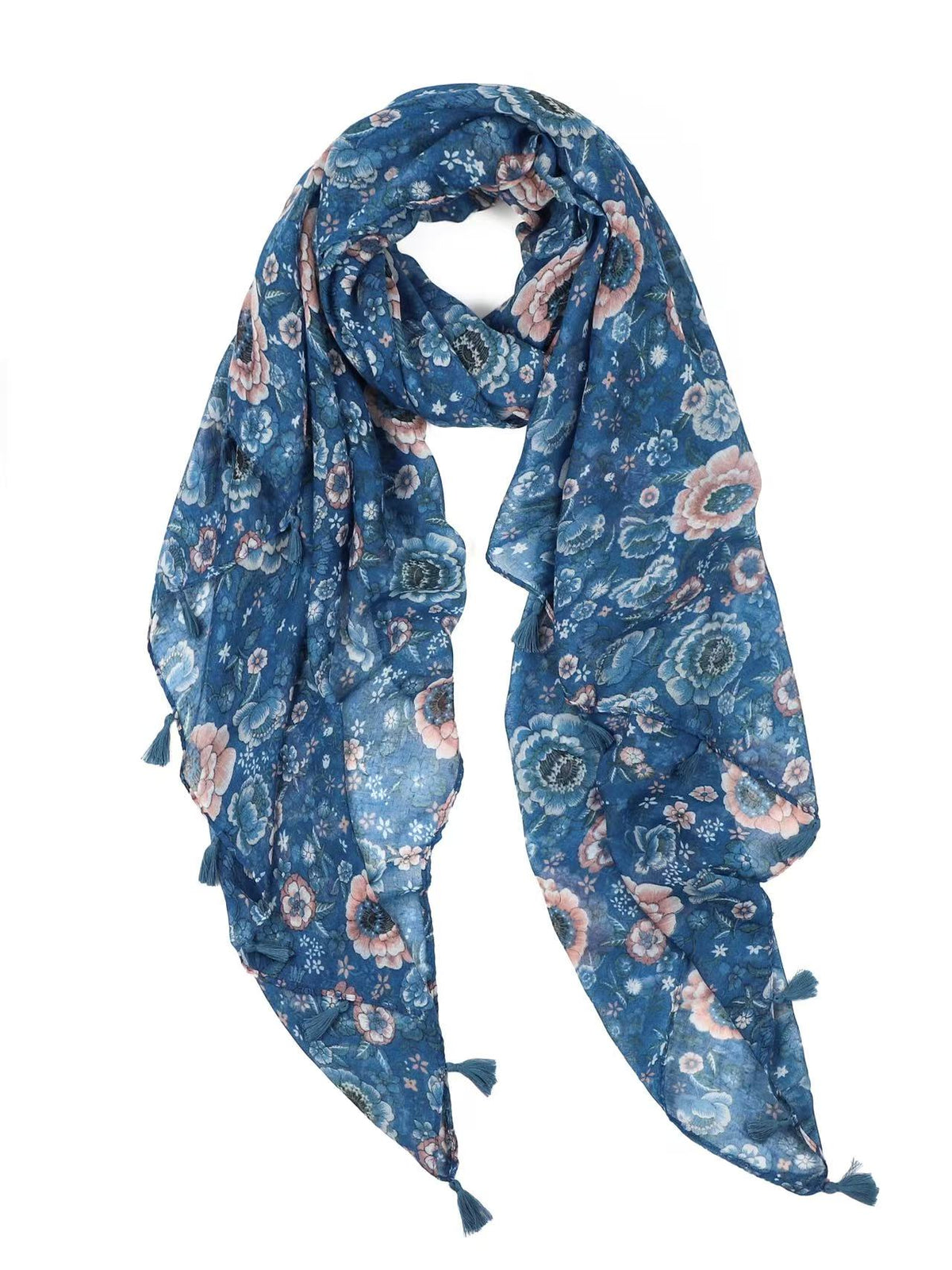 Zinnia Blue & Pink Floral Lightweight Scarf