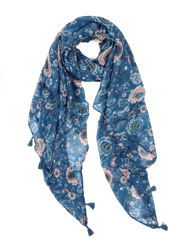 Zinnia Blue & Pink Floral Lightweight Scarf