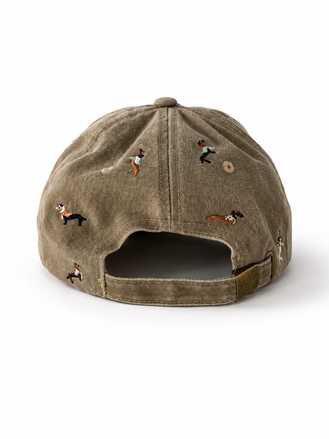 Beige denim baseball cap embroidered with colourful dachshund dogs, front view on a white background.