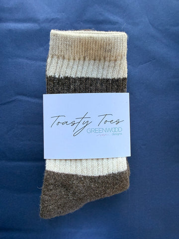 PRESALE ARRIVING 12 JUNE Chocolate Toasty Toes Woollen Multi Stripe Crew Socks