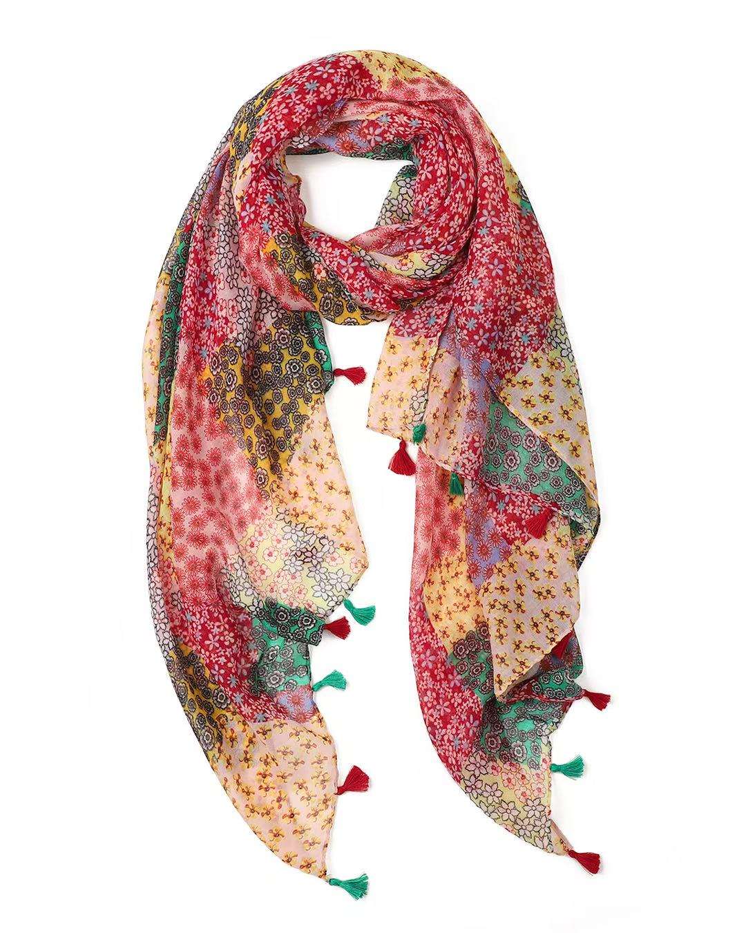 Red, pink, mustard, and green bohemian patchwork lightweight scarf with tassels