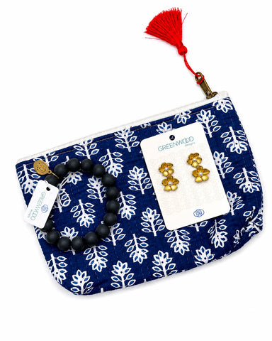 Navy and gold woodblock travel pouch gift set with earrings and bracelet – birthday or thank you gift by Greenwood Designs