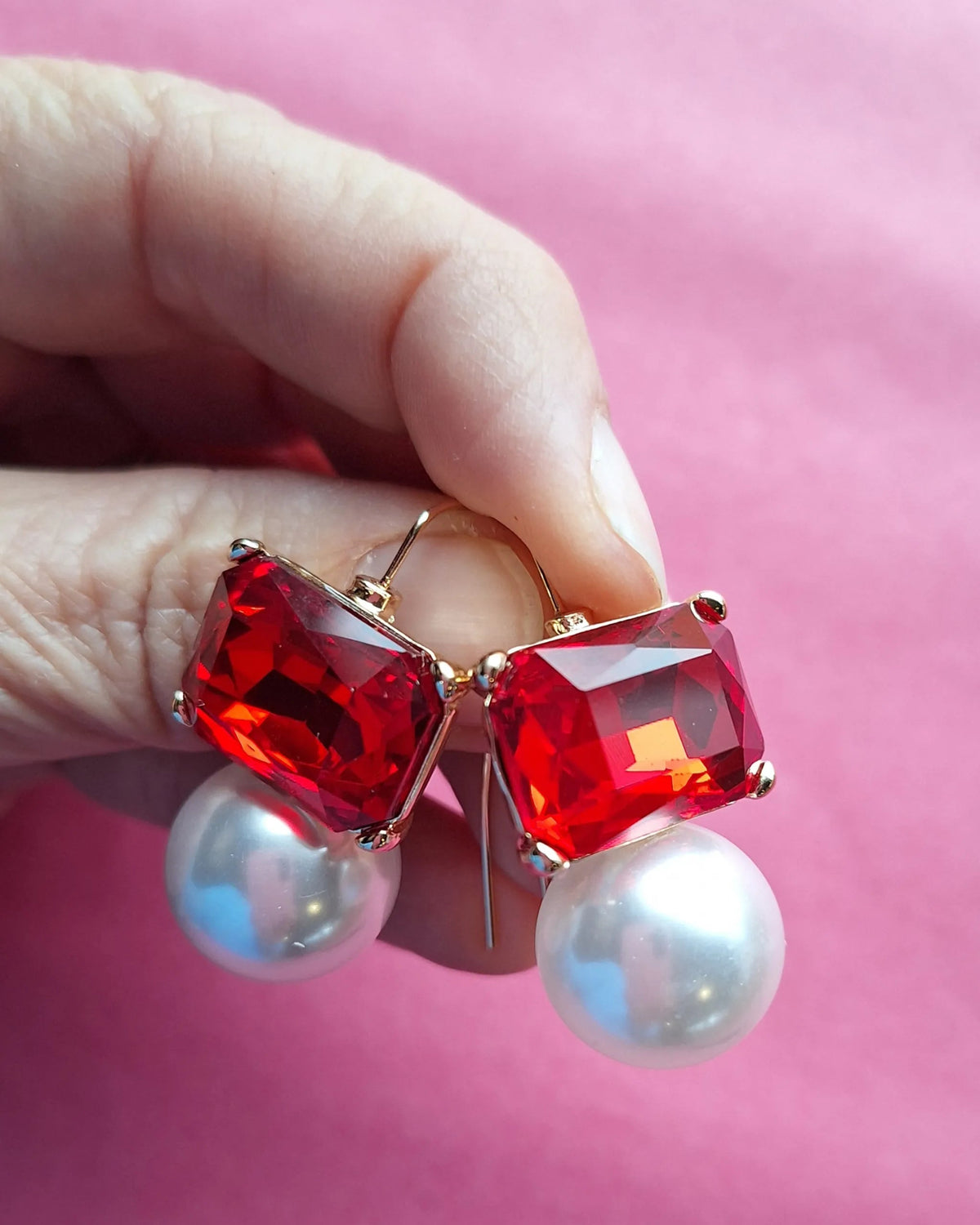 Maggie Red Rectangular Crystal with Faux Pearl Earrings