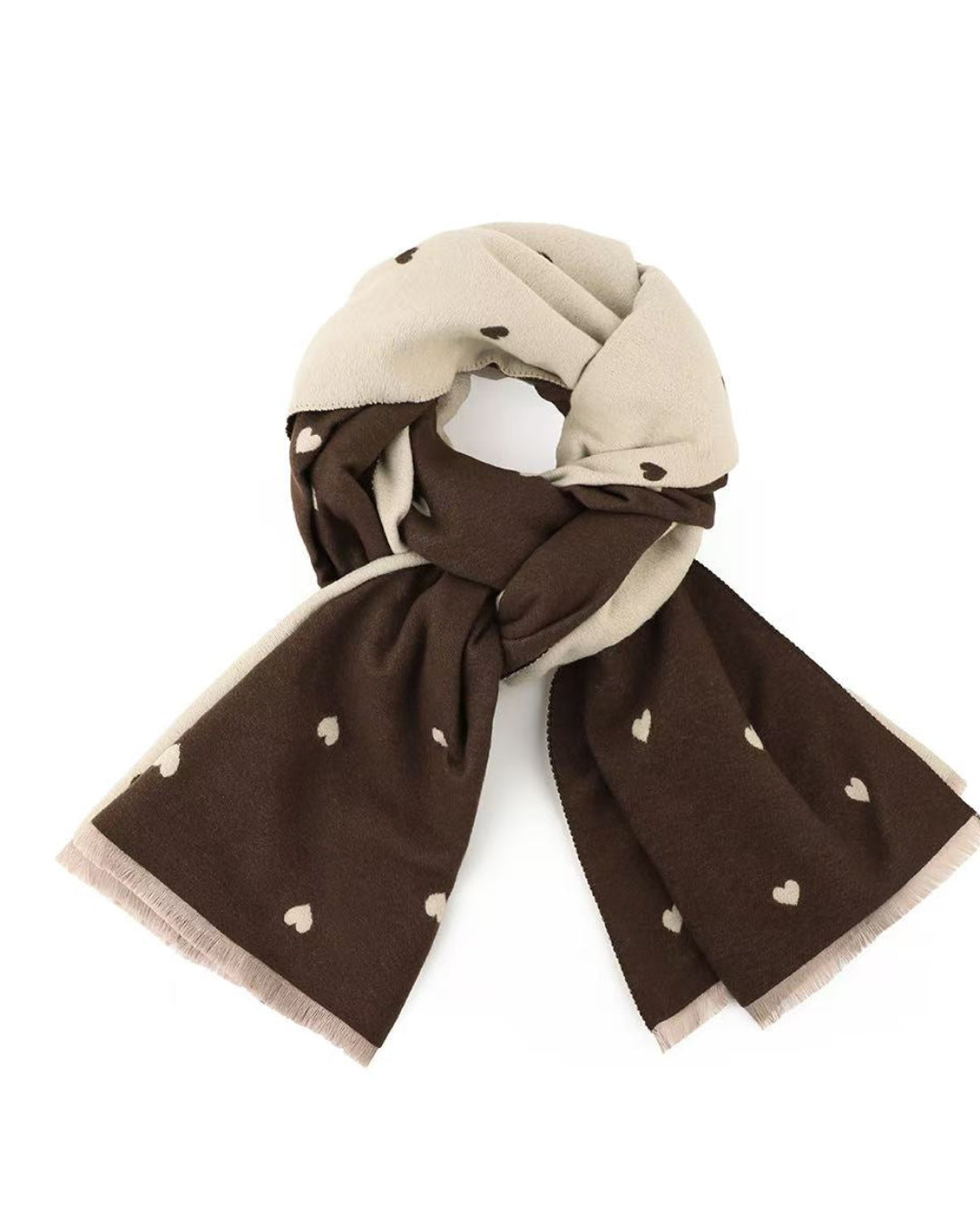 Brown scarf with heart patterns on a white background
