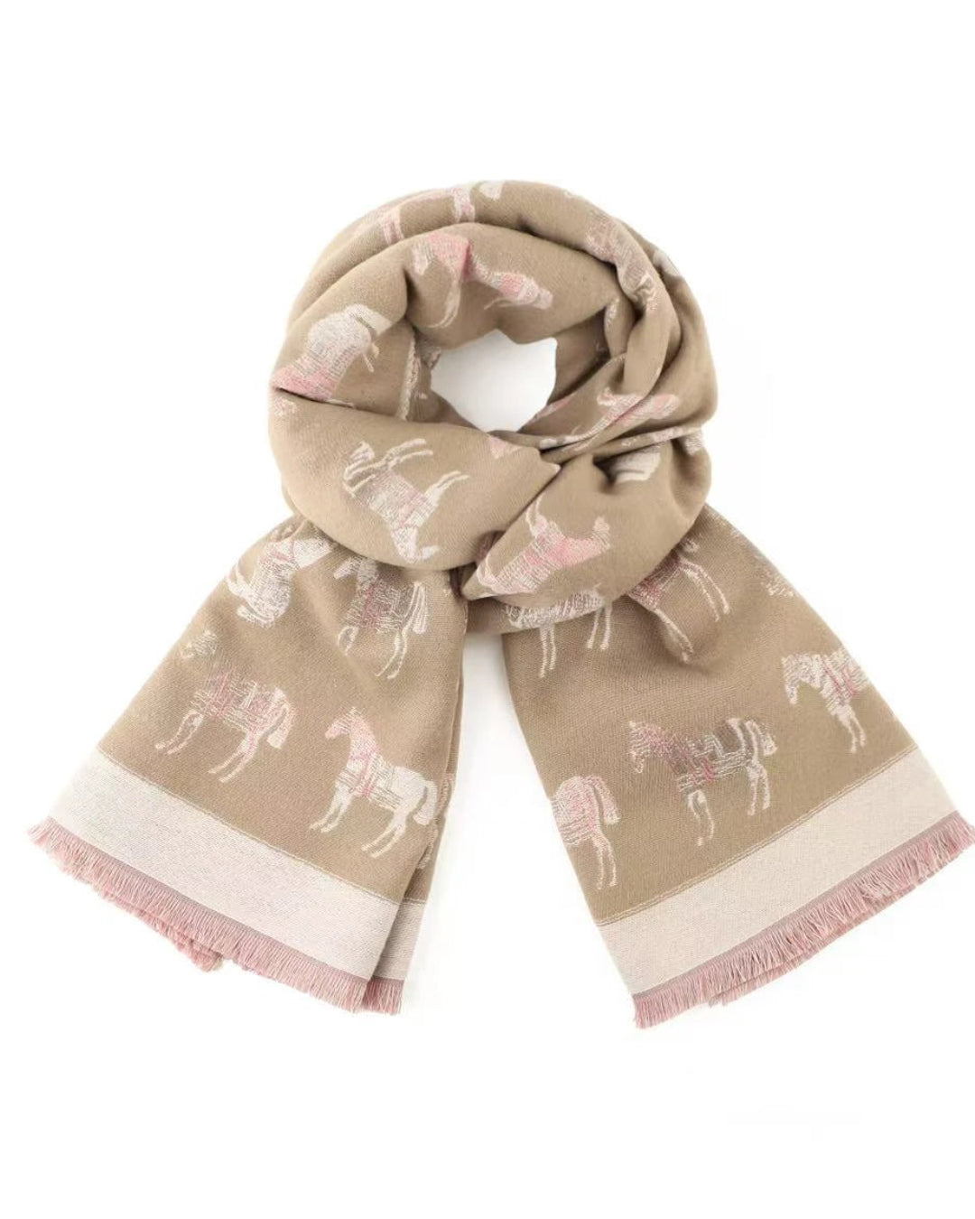 Beige scarf with horse pattern on a white background