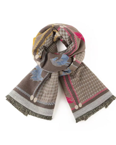 Patterned scarf with fringes on a white background