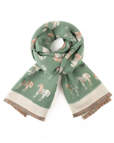 Green scarf with horse pattern on a white background