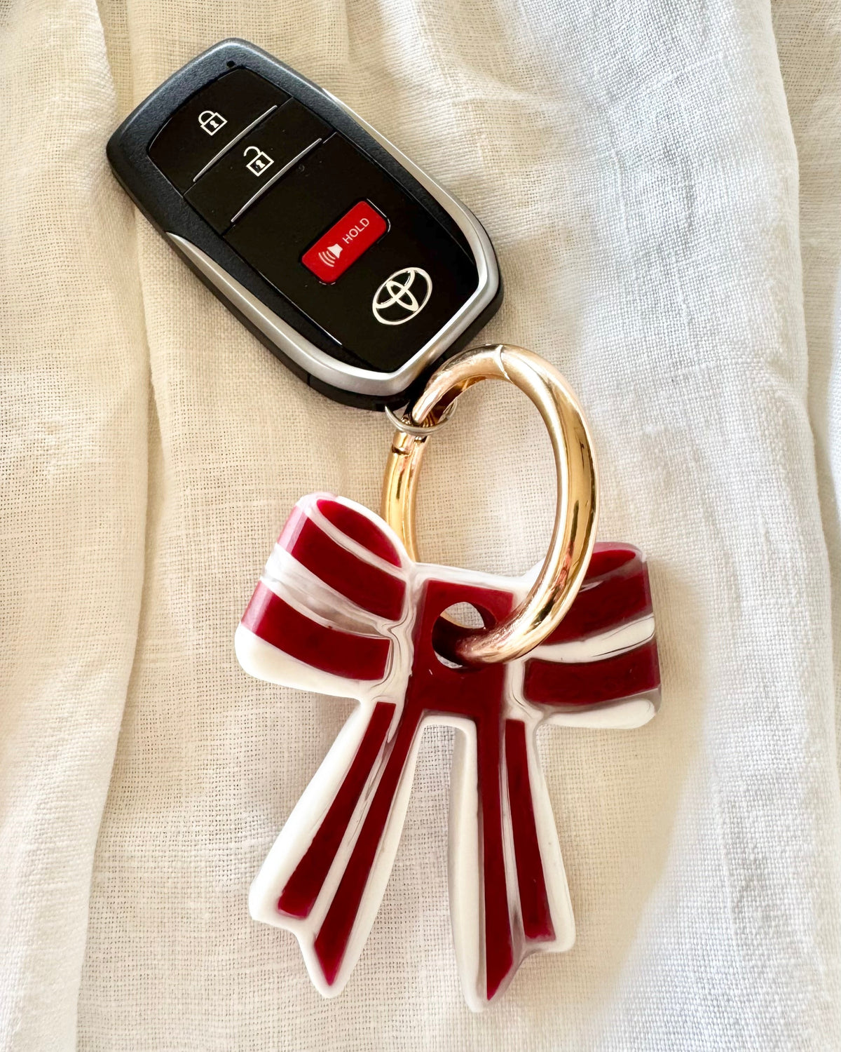 Bow Keyring, Pretty Keyring, Striped Bow Keyring, Feminine Keyring, Chunky Keyring, Red Keyring