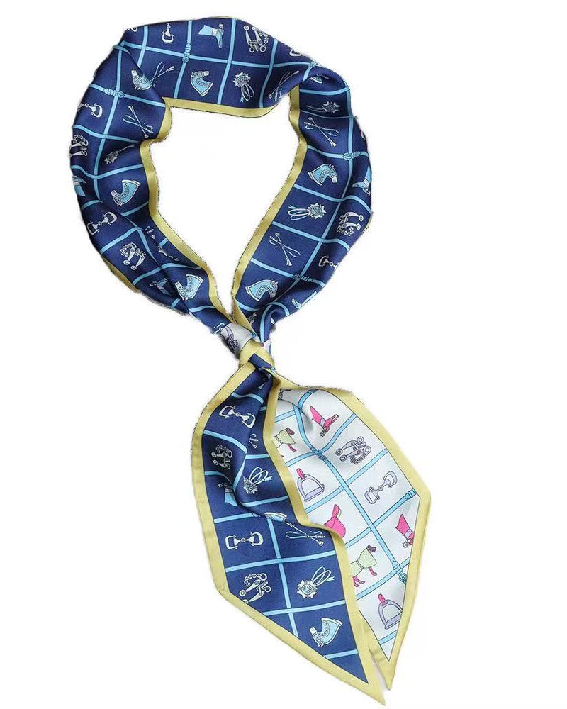 A square silk scarf with a blue and white checkered pattern featuring various equestrian and horse-themed illustrations, finished with a light yellow border.