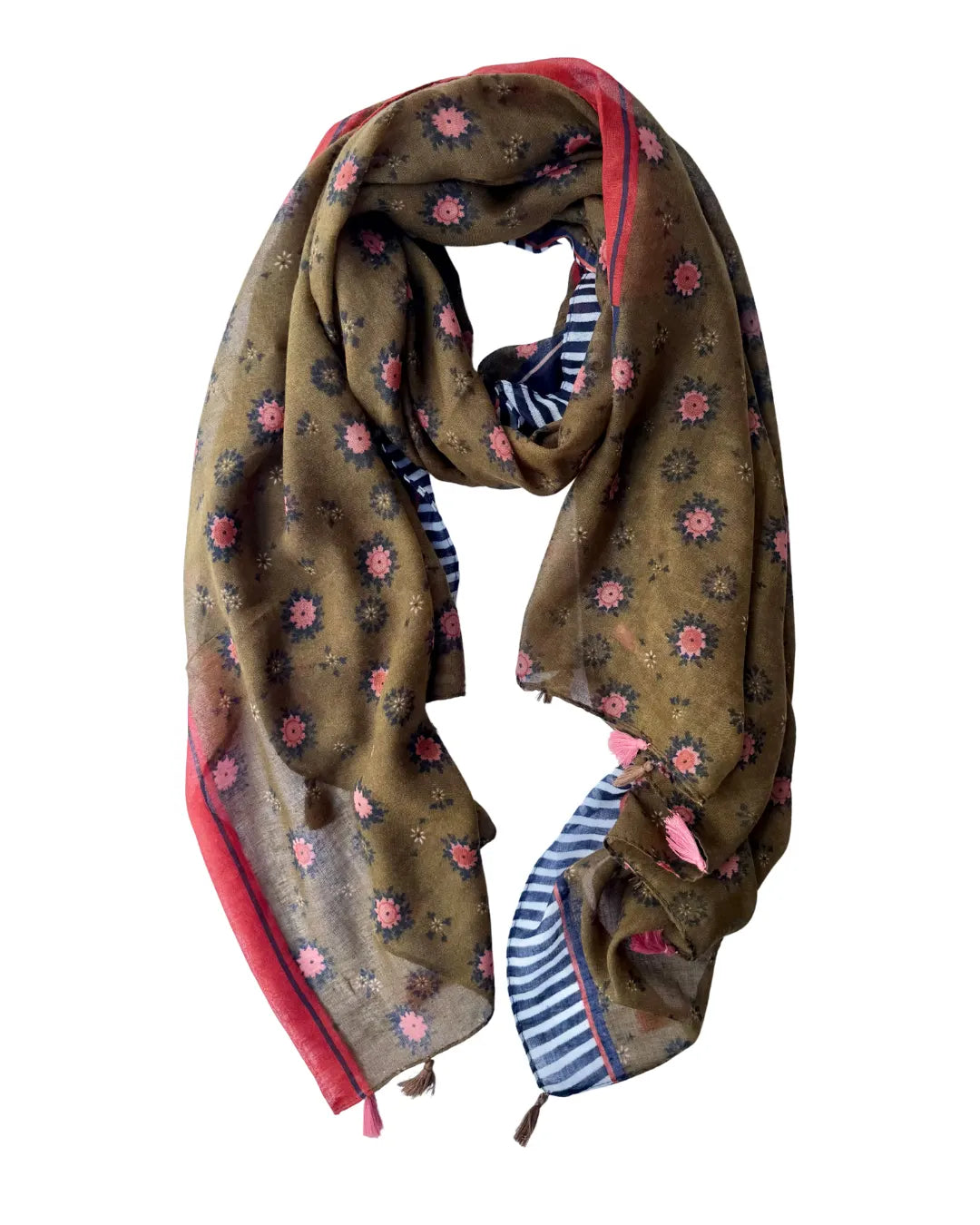 Lightweight scarf with a coral floral print on olive green, a border of rust, navy and navy and white stripes, and coral and tan tassels