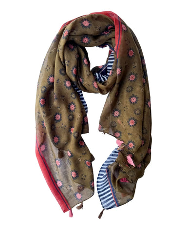 Lightweight scarf with a coral floral print on olive green, a border of rust, navy and navy and white stripes, and coral and tan tassels