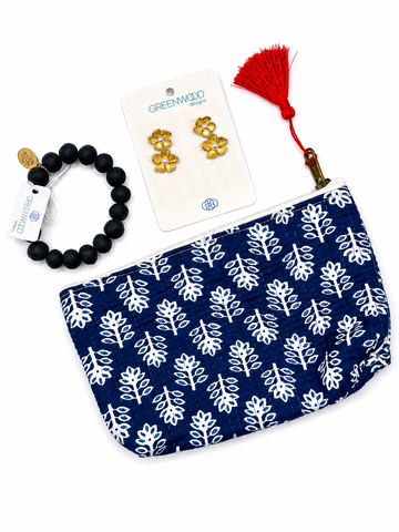 $55 Navy & Gold Woodblock Pouch Bundle