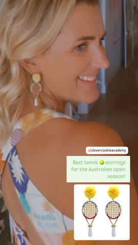 Ash Tennis Racquet Enamel Dangle Earrings with Crystals and a Fluffy Yellow Stud