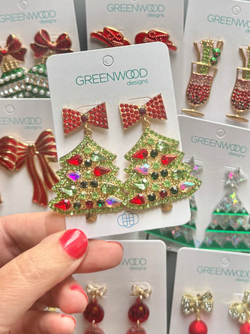Gem-set Christmas Tree Christmas Earring in Red, Gold & Green