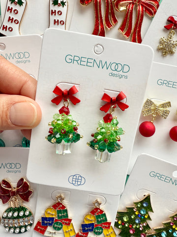 Crystal Christmas Tree Christmas Earring in Red & Green